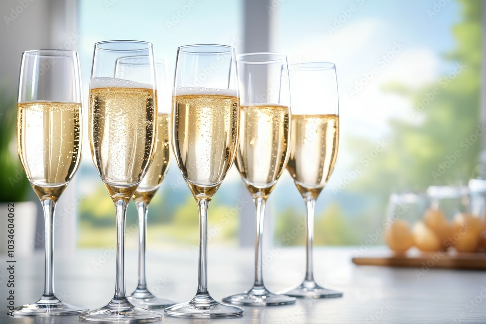 A row of six champagne glasses are lined up on a table A row of six champagne glasses are lined up on a table