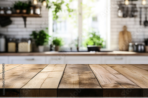 Wood Tabletop with Blurred Kitchen Background – Perfect Mockup for Product Display and Design Layout