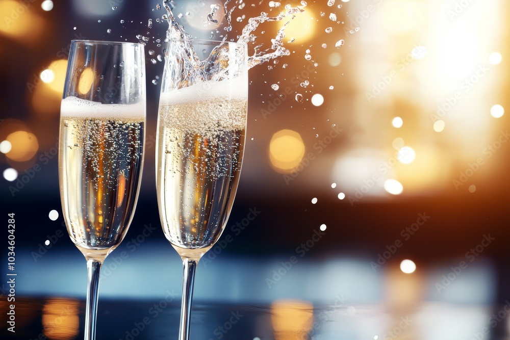 Two champagne flutes are filled with sparkling wine and are sitting on a table Two champagne flutes are filled with sparkling wine and are sitting on a table