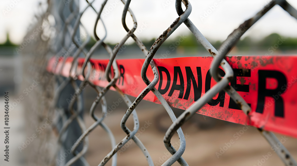 Red Danger Tape Stretched Across a Chain-Link Fence Signaling Hazard Red Danger Tape Stretched Across a Chain-Link Fence Signaling Hazard
