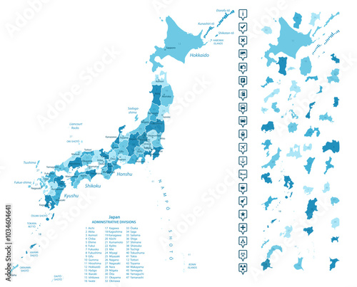 Japan - detailed map of the country in blue colors, divided into regions. Infographic icons. Vector illustration.