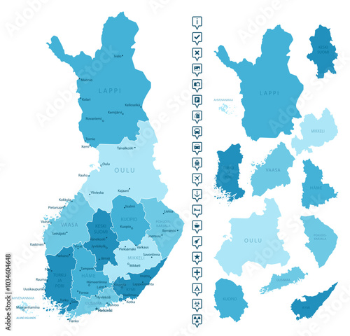 Finland - detailed map of the country in blue colors, divided into regions. Infographic icons. Vector illustration.