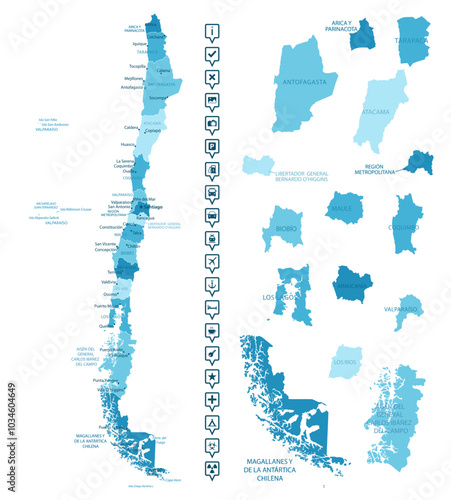 Chile - detailed map of the country in blue colors, divided into regions. Infographic icons. Vector illustration.