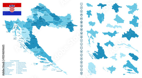 Croatia - detailed map of the country in blue colors, divided into regions. Infographic icons. Vector illustration.