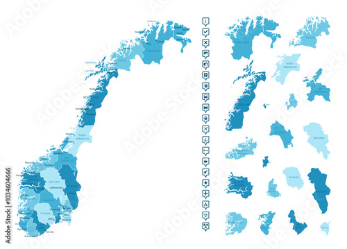 Norway - detailed map of the country in blue colors, divided into regions. Infographic icons. Vector illustration.