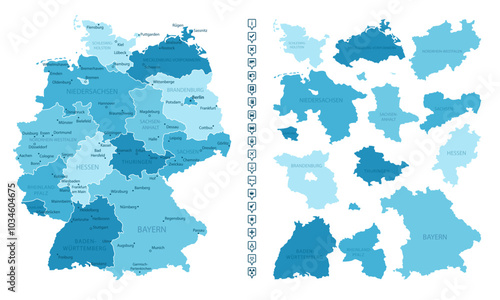 Germany - detailed map of the country in blue colors, divided into regions. Infographic icons. Vector illustration.