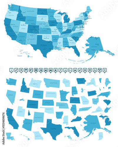 United States of America - detailed map of the country in blue colors, divided into regions. Infographic icons. Vector illustration.