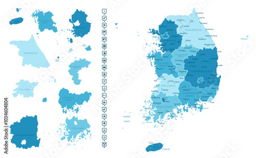 South Korea - detailed map of the country in blue colors, divided into regions. Infographic icons. Vector illustration.