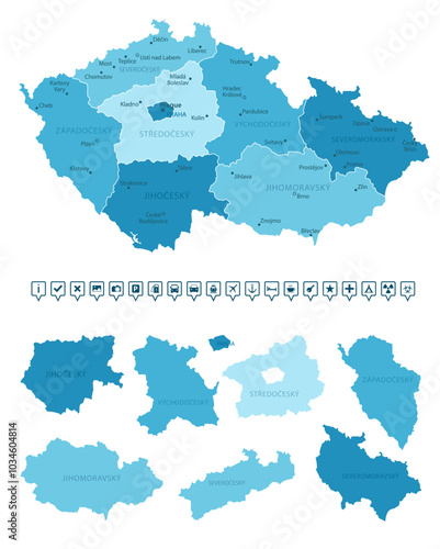 Czech Republic - detailed map of the country in blue colors, divided into regions. Infographic icons. Vector illustration.
