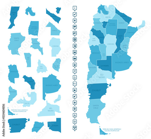 Argentina - detailed map of the country in blue colors, divided into regions. Infographic icons. Vector illustration.