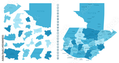 Guatemala - detailed map of the country in blue colors, divided into regions. Infographic icons. Vector illustration.