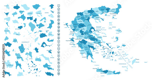 Greece - detailed map of the country in blue colors, divided into regions. Infographic icons. Vector illustration.