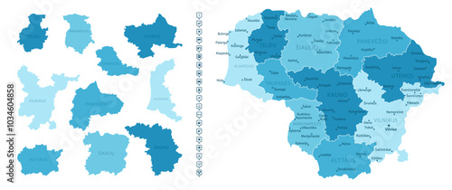 Lithuania - detailed map of the country in blue colors, divided into regions. Infographic icons. Vector illustration.