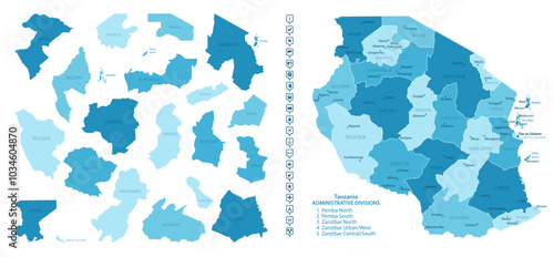 Tanzania - detailed map of the country in blue colors, divided into regions. Infographic icons. Vector illustration.
