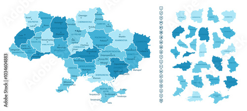 Ukraine - detailed map of the country in blue colors, divided into regions. Infographic icons. Vector illustration.