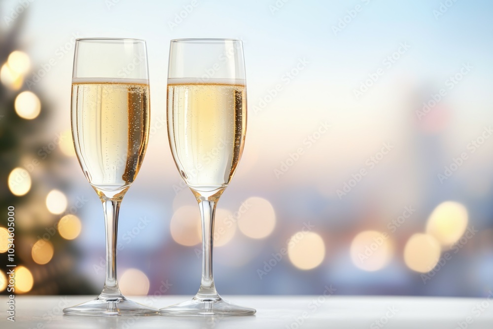 Two champagne glasses are filled with champagne and are sitting on a table Two champagne glasses are filled with champagne and are sitting on a table