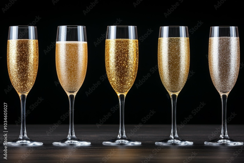 A row of champagne glasses with glitter on the rim A row of champagne glasses with glitter on the rim