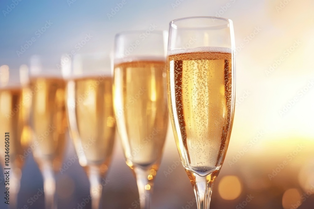 A row of champagne glasses are lined up on a table A row of champagne glasses are lined up on a table