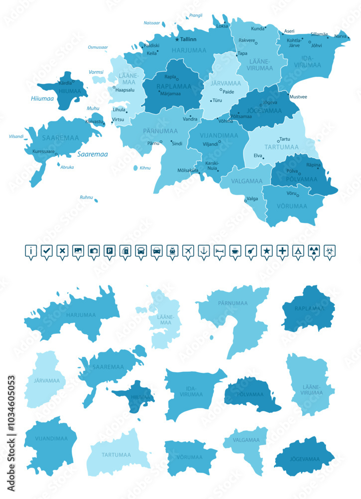 Fototapeta premium Estonia - detailed map of the country in blue colors, divided into regions. Infographic icons. Vector illustration.