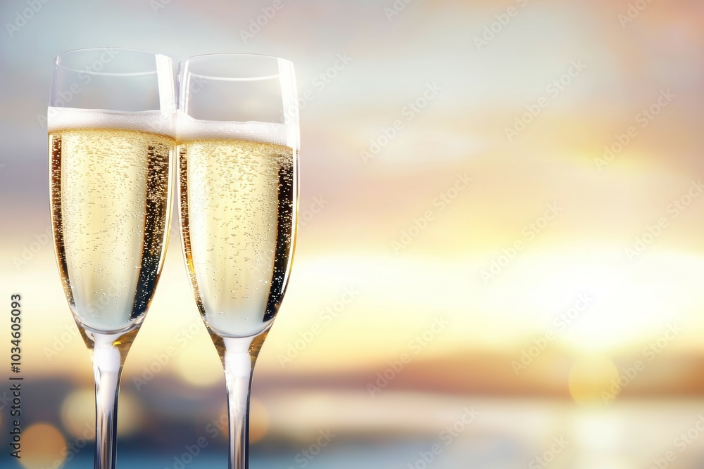 Two champagne glasses filled with bubbles, one on the left and one on the right