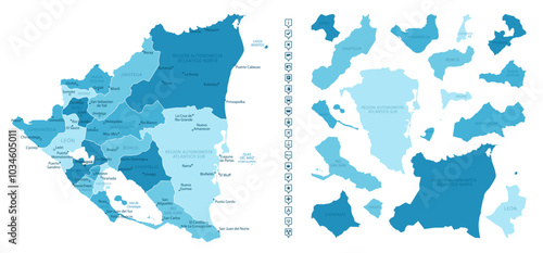 Nicaragua - detailed map of the country in blue colors, divided into regions. Infographic icons. Vector illustration.