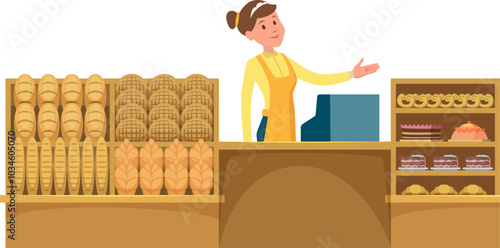 Fresh bakery stand. Cartoon market bread counter