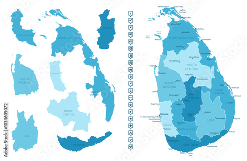Sri Lanka - detailed map of the country in blue colors, divided into regions. Infographic icons. Vector illustration.