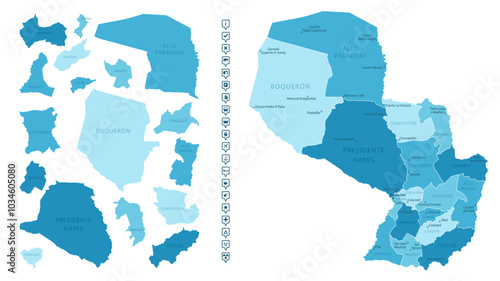 Paraguay - detailed map of the country in blue colors, divided into regions. Infographic icons. Vector illustration.