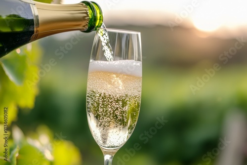 A bottle of champagne is poured into a glass, creating a frothy, bubbly drink