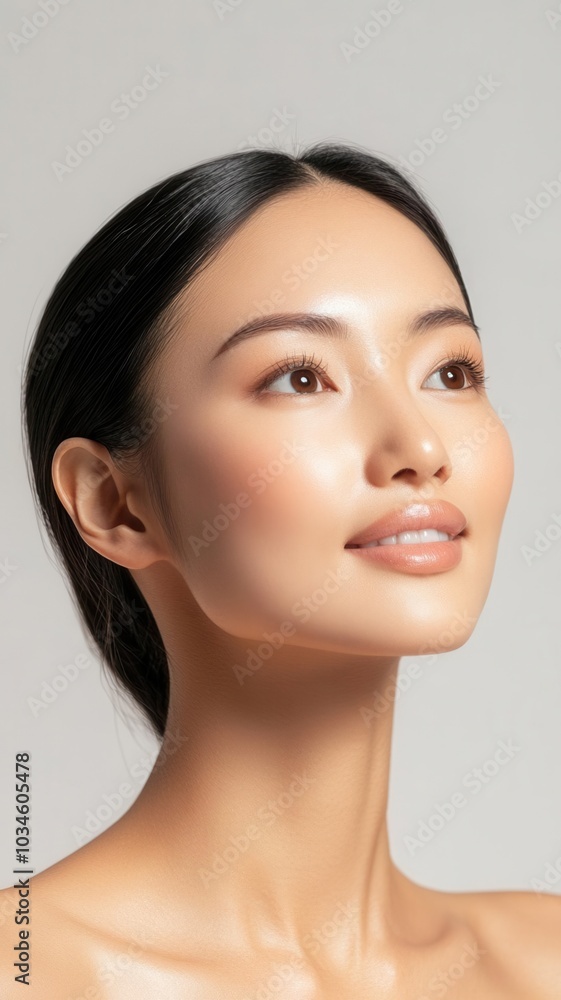Portrait of a serene woman with flawless skin, looking upwards with a peaceful expression, representing beauty and grace. Portrait of a serene woman with flawless skin, looking upwards with a peaceful expression, representing beauty and grace.