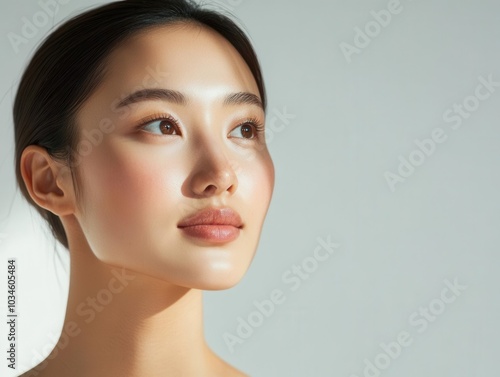 Portrait of a serene woman with glowing skin, looking upwards against a soft, natural background. Minimalist beauty and calm expression.