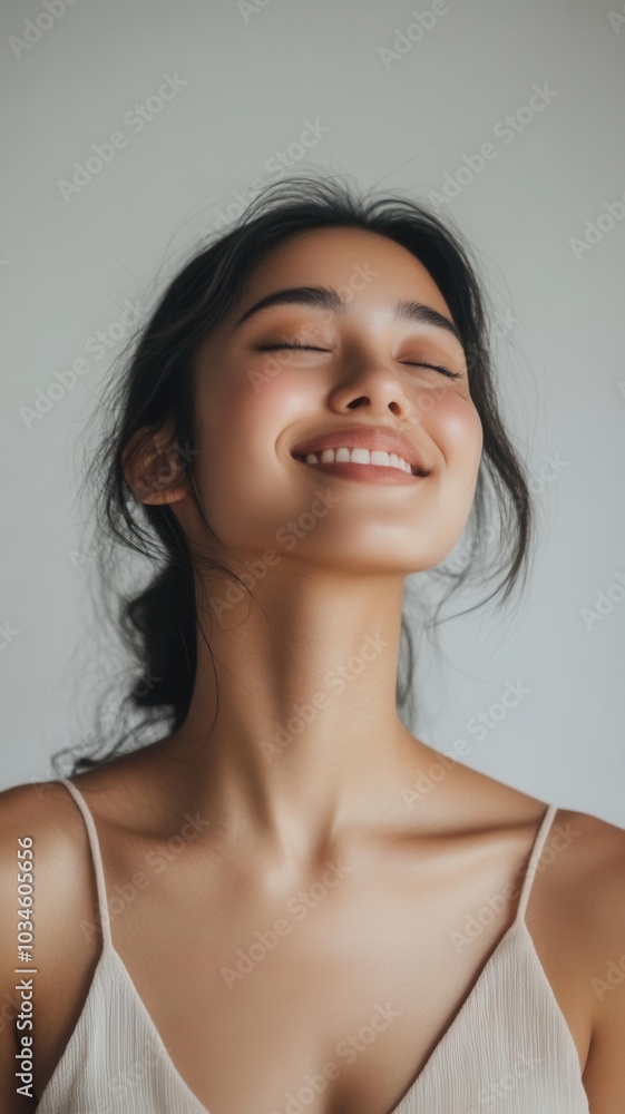 A serene woman with closed eyes, smiling gently, exuding peace and relaxation in a natural light setting. A serene woman with closed eyes, smiling gently, exuding peace and relaxation in a natural light setting.