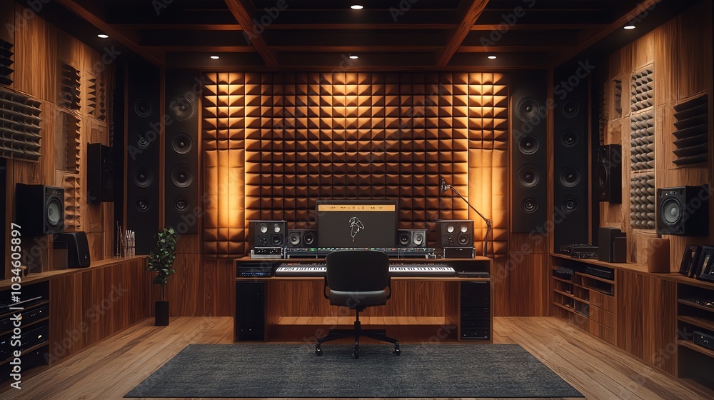 Modern music recording studio with acoustic panels, speakers, a keyboard, a desk, and a chair. Modern music recording studio with acoustic panels, speakers, a keyboard, a desk, and a chair.