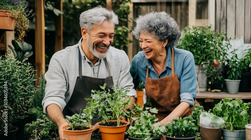 Wallpaper Mural Happy elderly couple gardening together in a vibrant greenhouse surrounded by various plants and flowers during daylight hours Torontodigital.ca