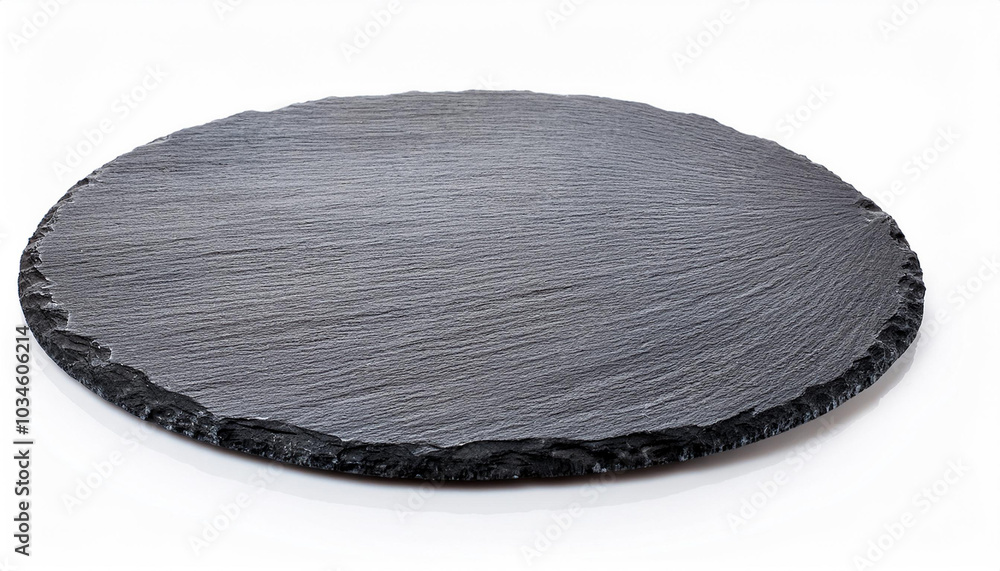 Round rustic black slate stone plate, isolated on white background Round rustic black slate stone plate, isolated on white background