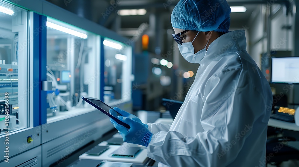 Digital tablet in hand an engineer oversees microchip production at a high-tech semiconductor factory illustrating the intersection of engineering and advanced manufacturing technology Digital tablet in hand an engineer oversees microchip production at a high-tech semiconductor factory illustrating the intersection of engineering and advanced manufacturing technology