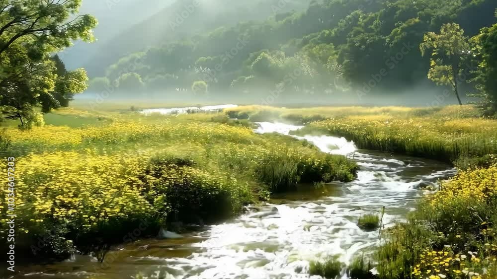 River meandering through a grassy meadow, Video River meandering through a grassy meadow, Video