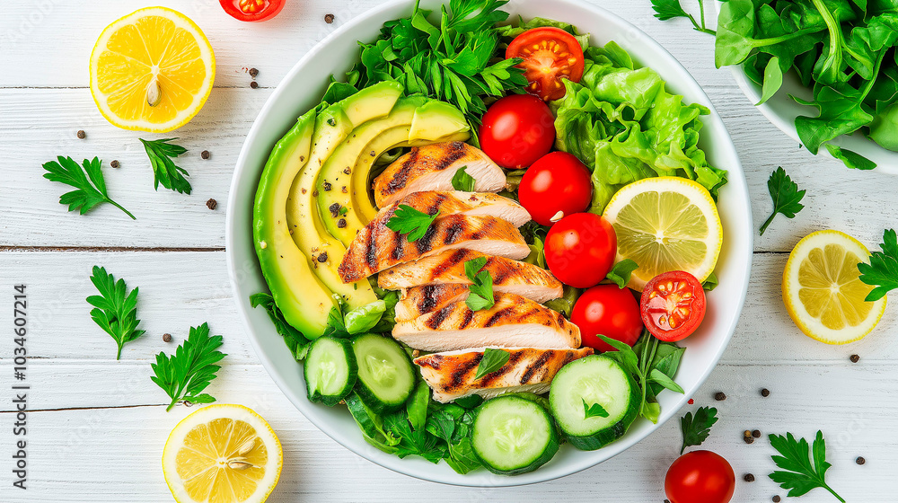 Salad with roast chicken, lettuce, tomato, avocado and pumpkin accompanied with lemon On a wooden table, healthy food Salad with roast chicken, lettuce, tomato, avocado and pumpkin accompanied with lemon On a wooden table, healthy food