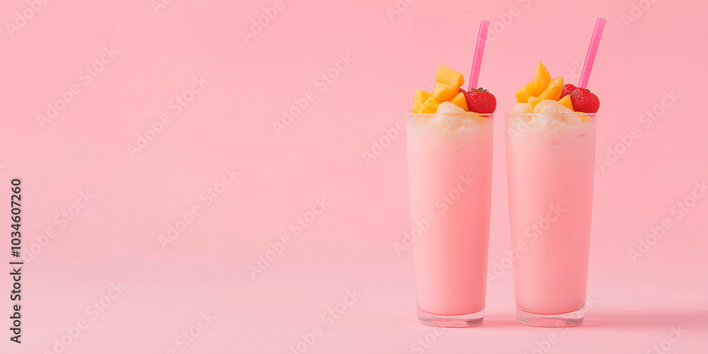 Pair of glasses with strawberry and mango milkshake, pink background Pair of glasses with strawberry and mango milkshake, pink background