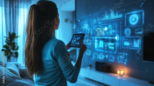 A woman interacts with a digital interface displaying data in a modern living space.