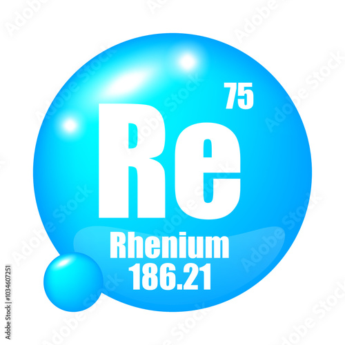 Rhenium icon. Re chemical element. Atomic number 75. Mass 186.21. Blue sphere image. Vector symbol.