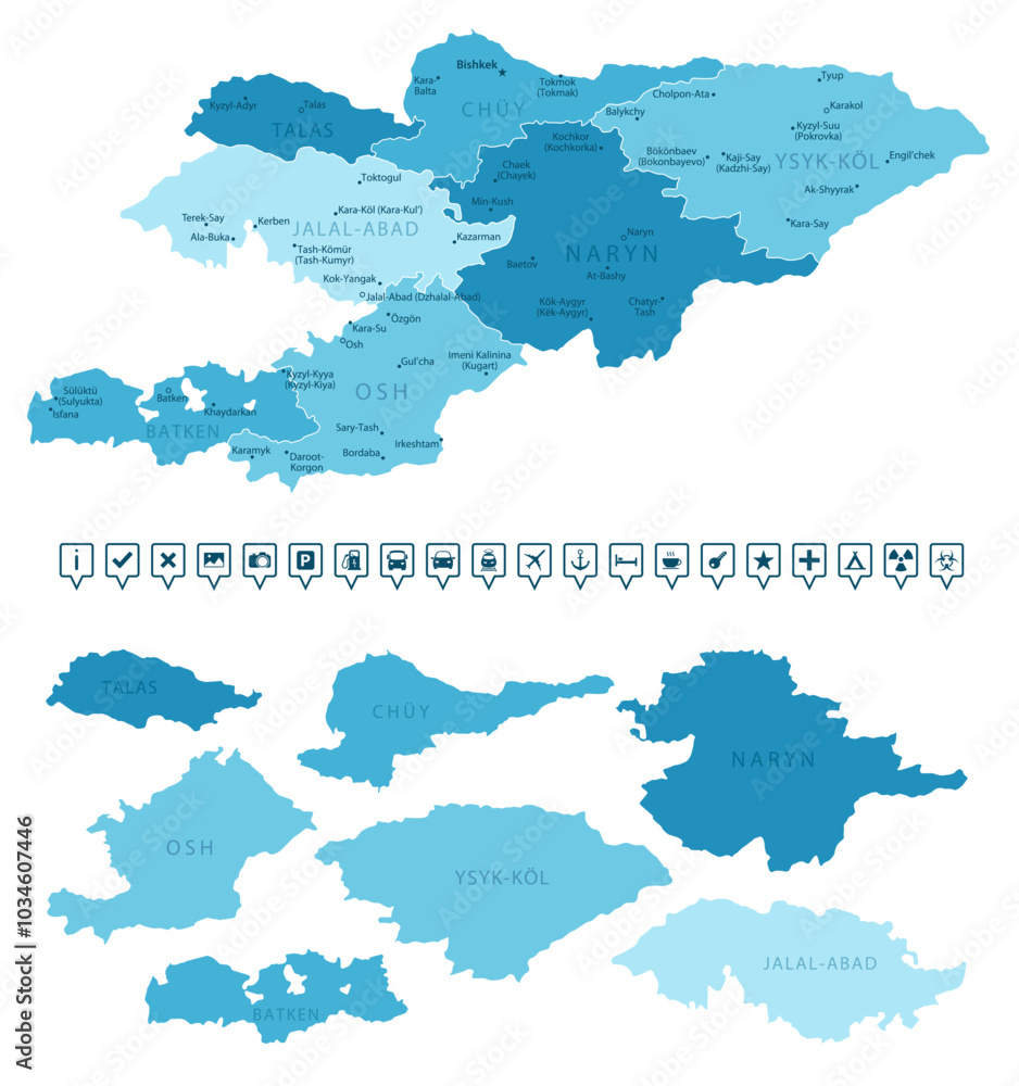 Obraz premium Kyrgyzstan - detailed map of the country in blue colors, divided into regions. Infographic icons. Vector illustration.