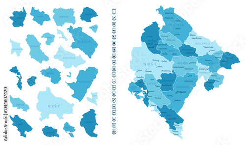 Montenegro - detailed map of the country in blue colors, divided into regions. Infographic icons. Vector illustration.