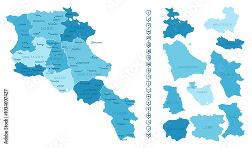 Armenia - detailed map of the country in blue colors, divided into regions. Infographic icons. Vector illustration.