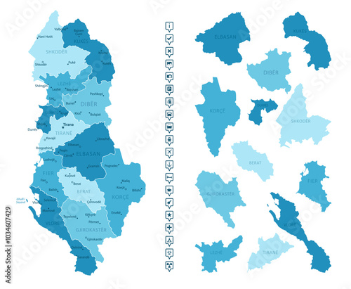 Albania - detailed map of the country in blue colors, divided into regions. Infographic icons. Vector illustration.