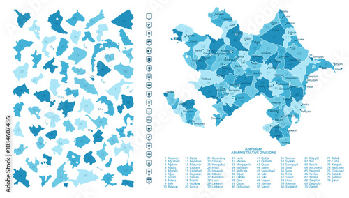 Azerbaijan - detailed map of the country in blue colors, divided into regions. Infographic icons. Vector illustration.