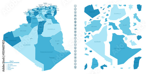Algeria - detailed map of the country in blue colors, divided into regions. Infographic icons. Vector illustration.