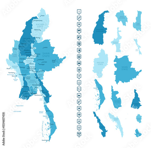 Myanmar - detailed map of the country in blue colors, divided into regions. Infographic icons. Vector illustration.