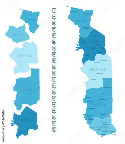 Togo - detailed map of the country in blue colors, divided into regions. Infographic icons. Vector illustration.