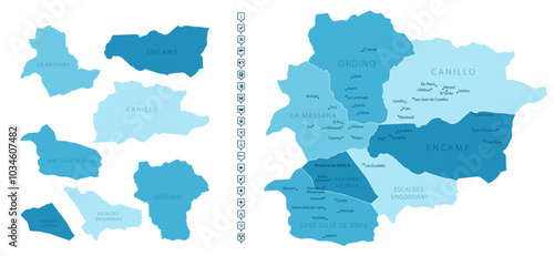 Andorra - detailed map of the country in blue colors, divided into regions. Infographic icons. Vector illustration.